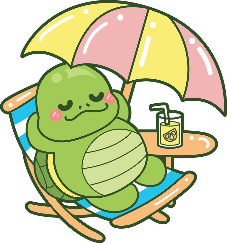 Turtle relax in the beach. Kawaii turtle daily life sticker cute. Cute turtle mascot illustrations. vector