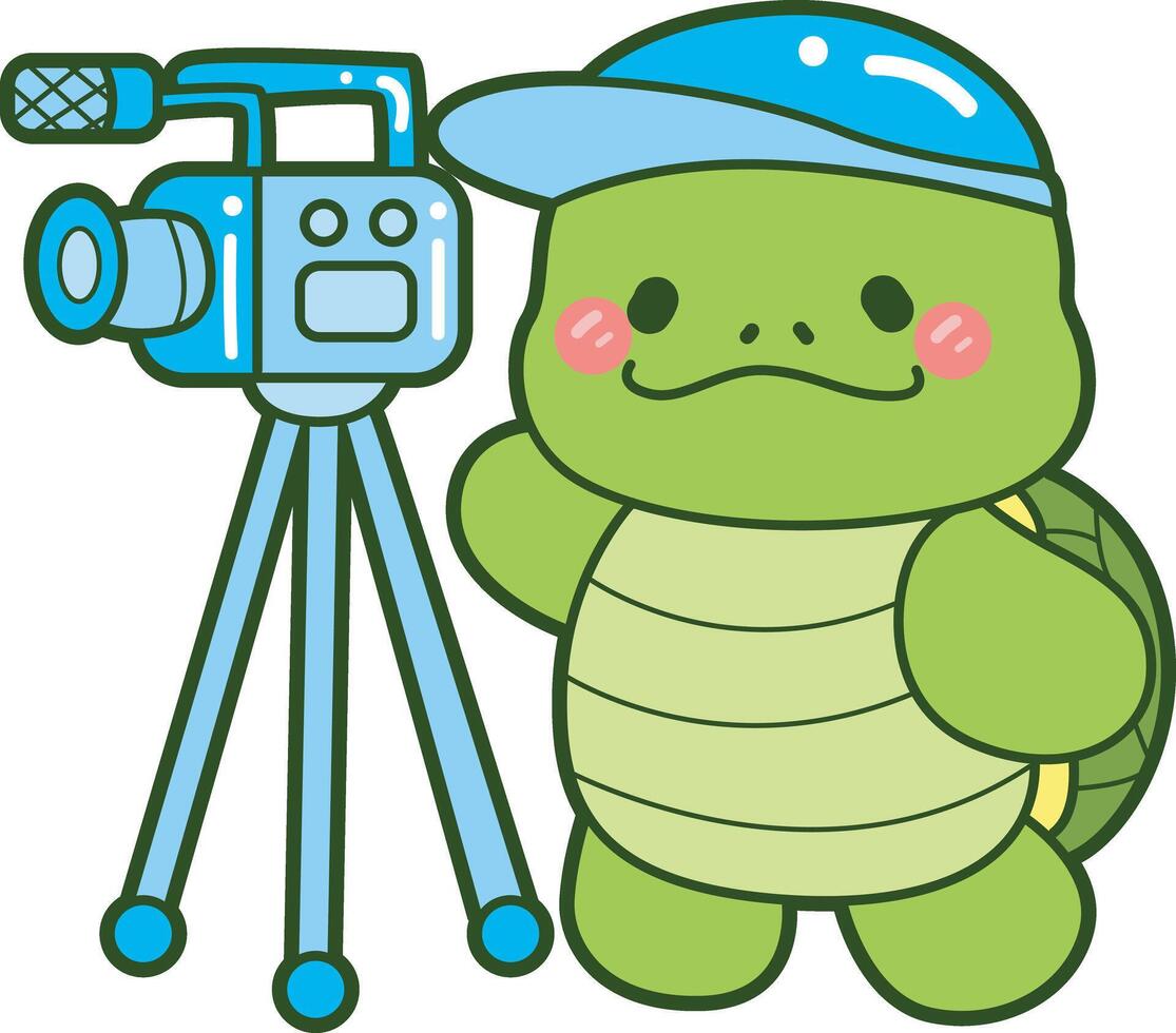 Turtle making content with . Kawaii turtle daily life sticker cute. Cute turtle mascot illustrations. vector