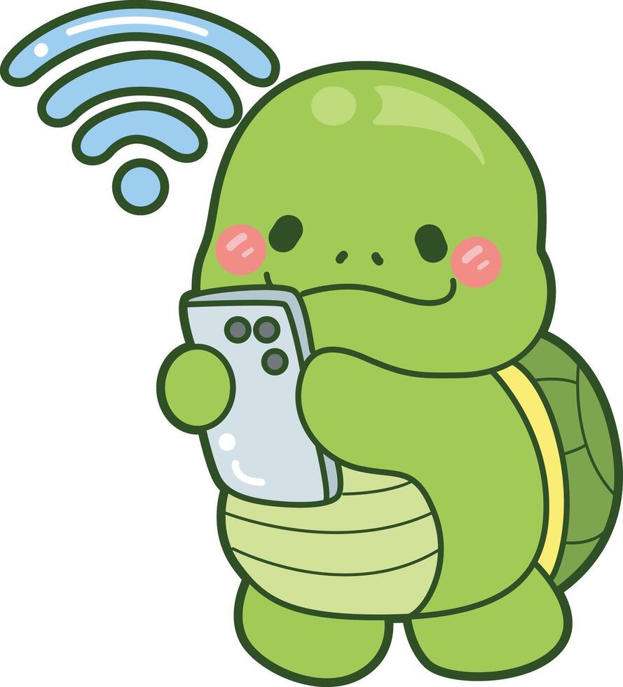Turtle finding a signal internet. Kawaii turtle daily life sticker cute. Cute turtle mascot illustrations. vector