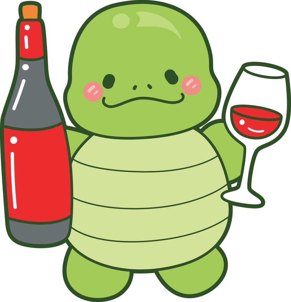 Turtle bring a bottle and cup of beer. Kawaii turtle daily life sticker cute. Cute turtle mascot illustrations. vector