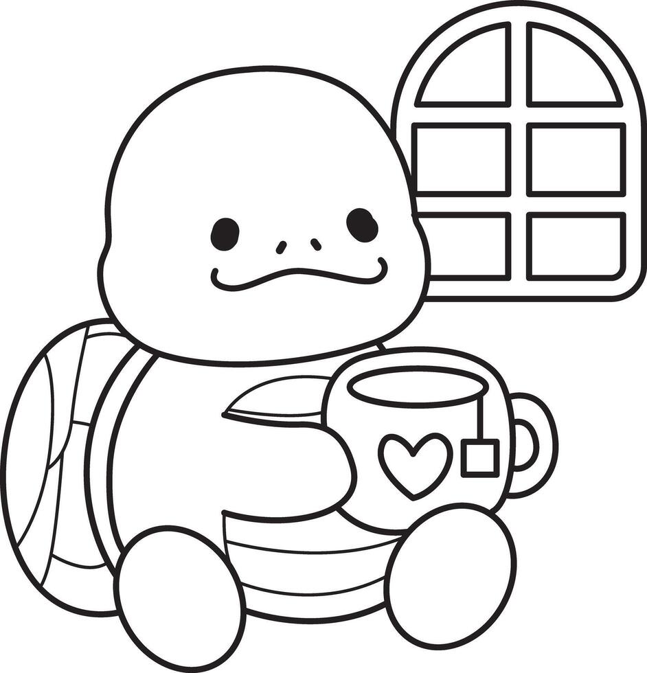 Turtle relax with hot tea. Free printable cute turtle for kindergarten. Preschool outline printable education turtle animal. vector