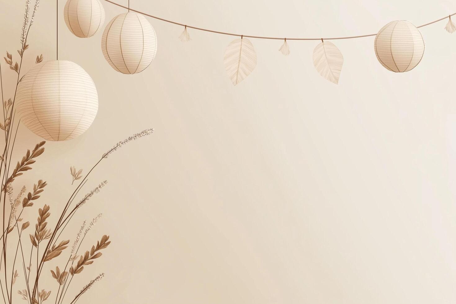 Minimalist festive background featuring paper lanterns and dried plants photo