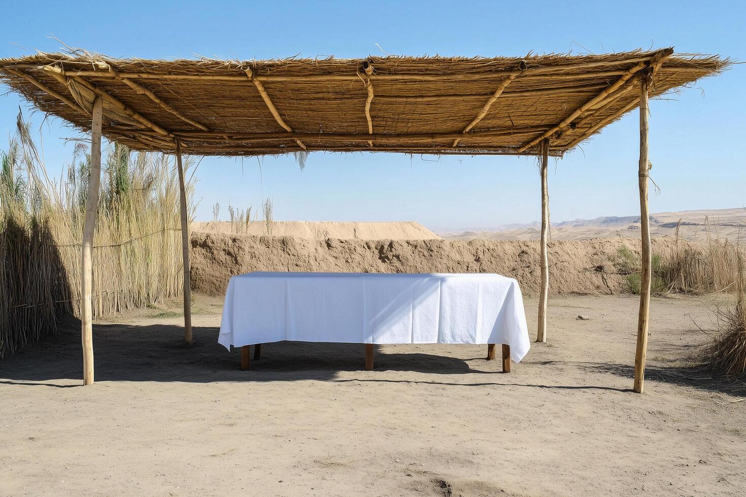 Empty table standing under a thatched canopy in the desert sukkah photo