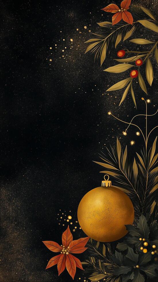 Christmas background featuring golden glitter foliage and bauble photo