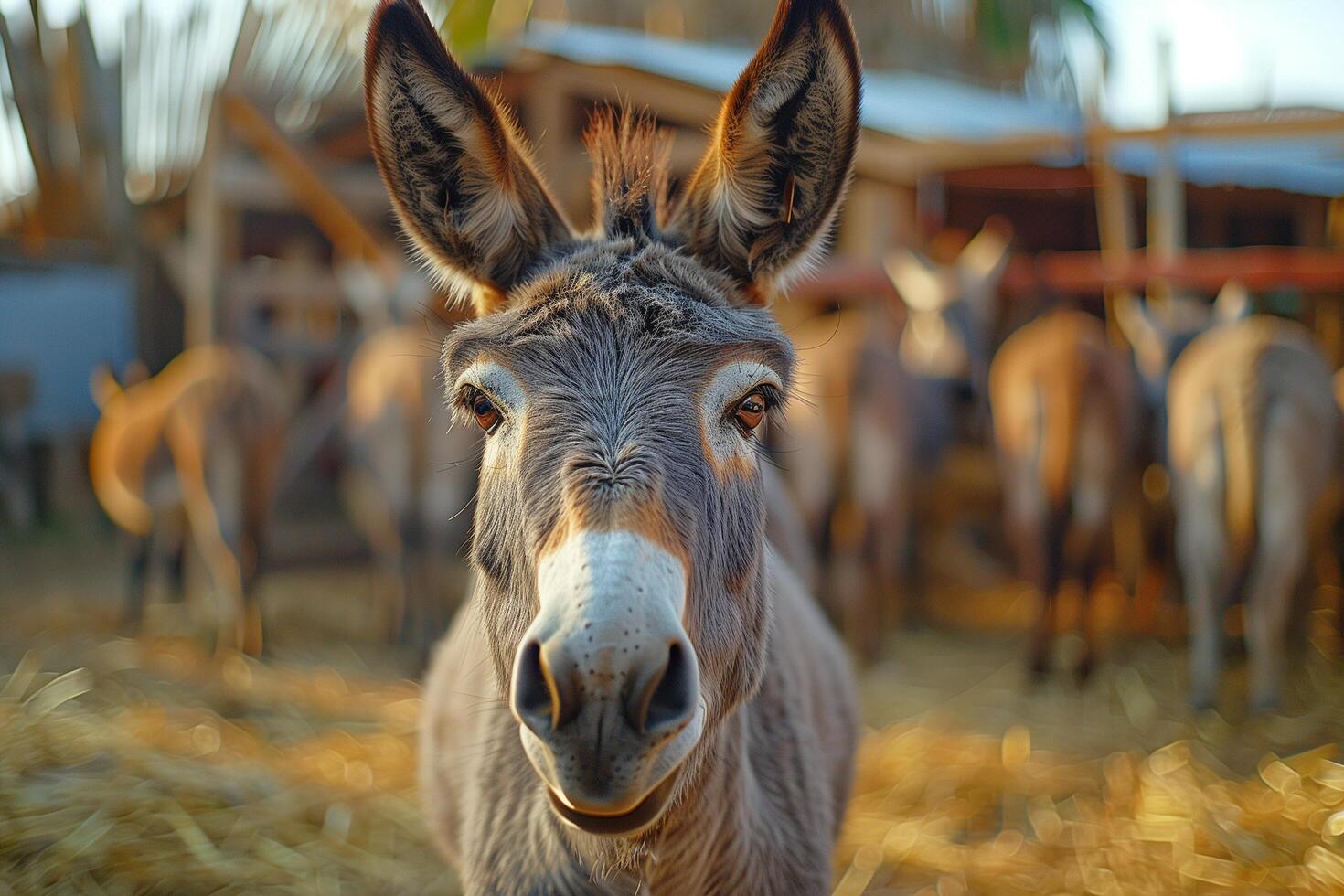 A close up of a donkey munching on hay in a sunny field photo