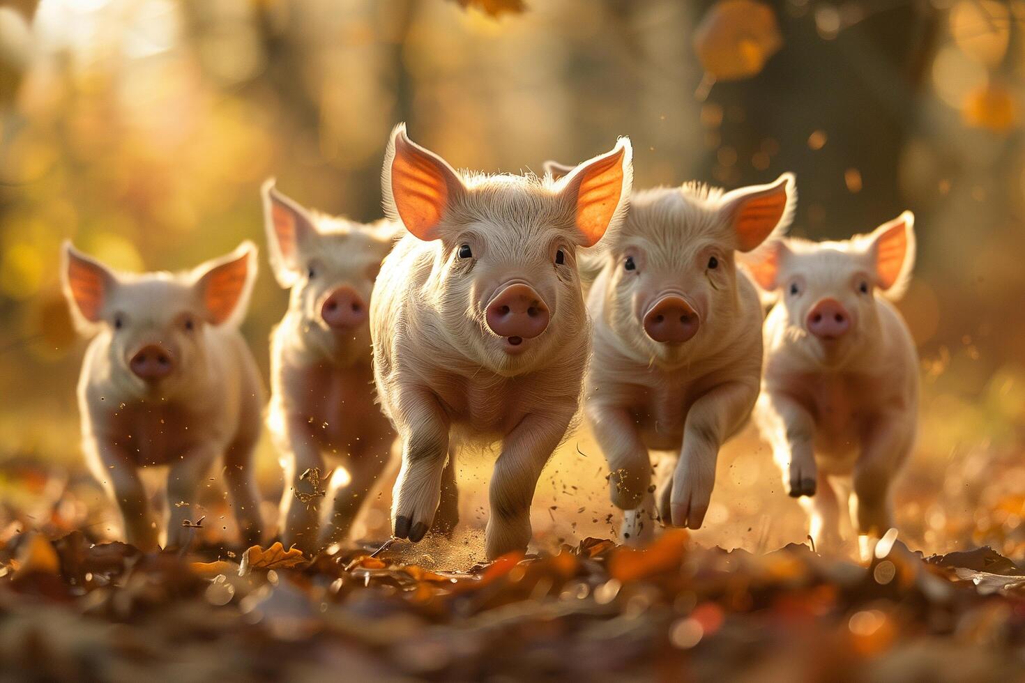 Pigs sprinting and playing in open field photo