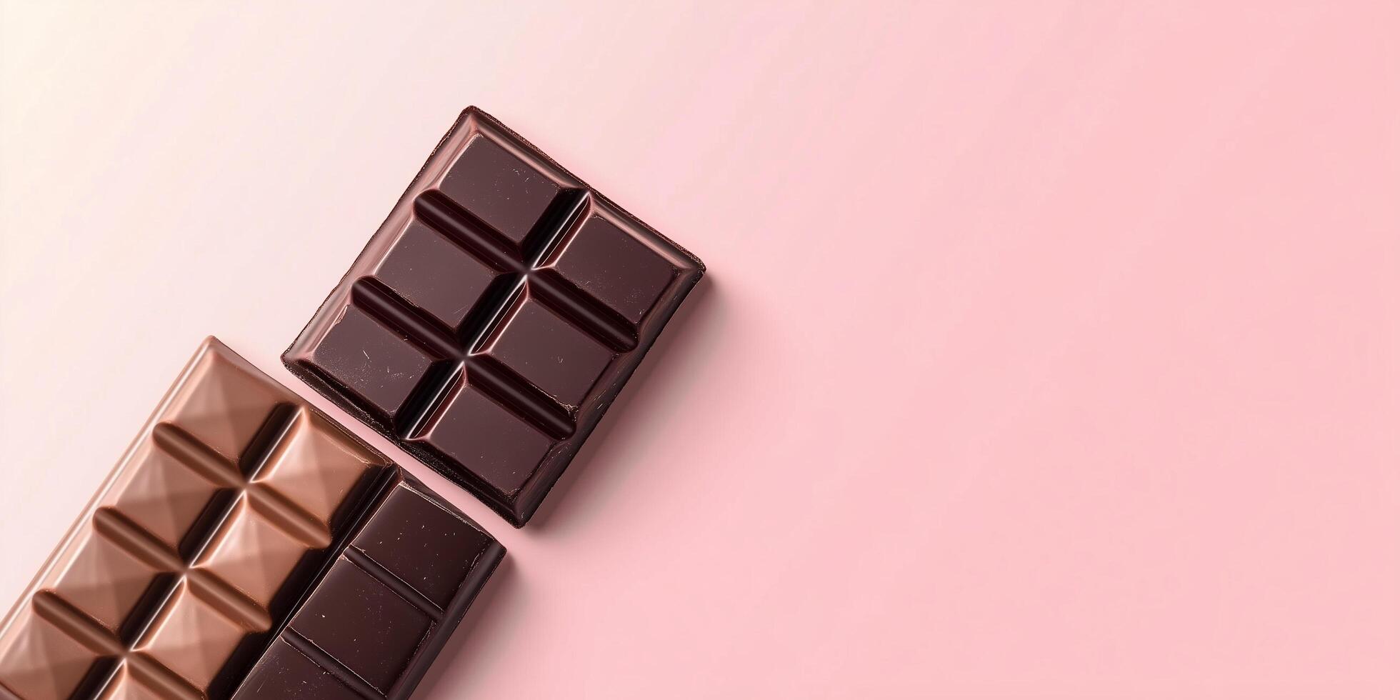 Three chocolate bars lying on pink background with copy space photo