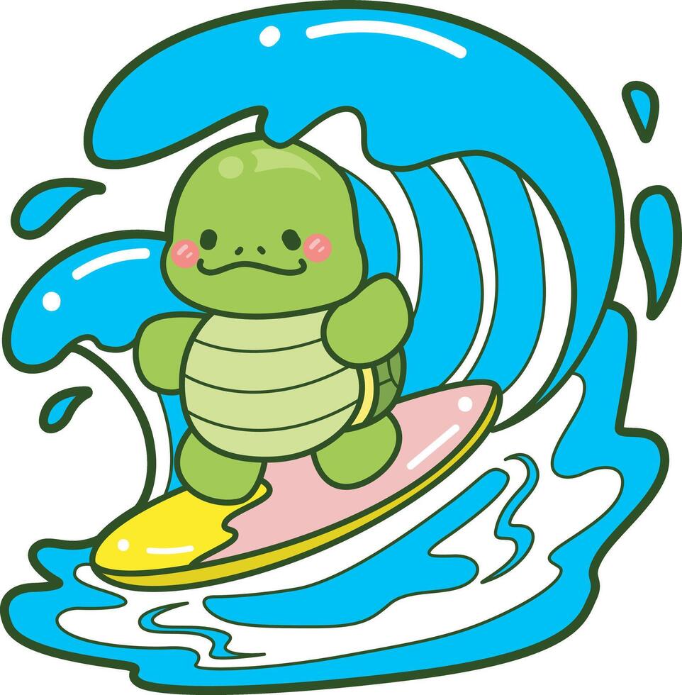 Turtle playing surfing in the wave. Kawaii turtle daily life sticker cute. Cute turtle mascot illustrations. vector