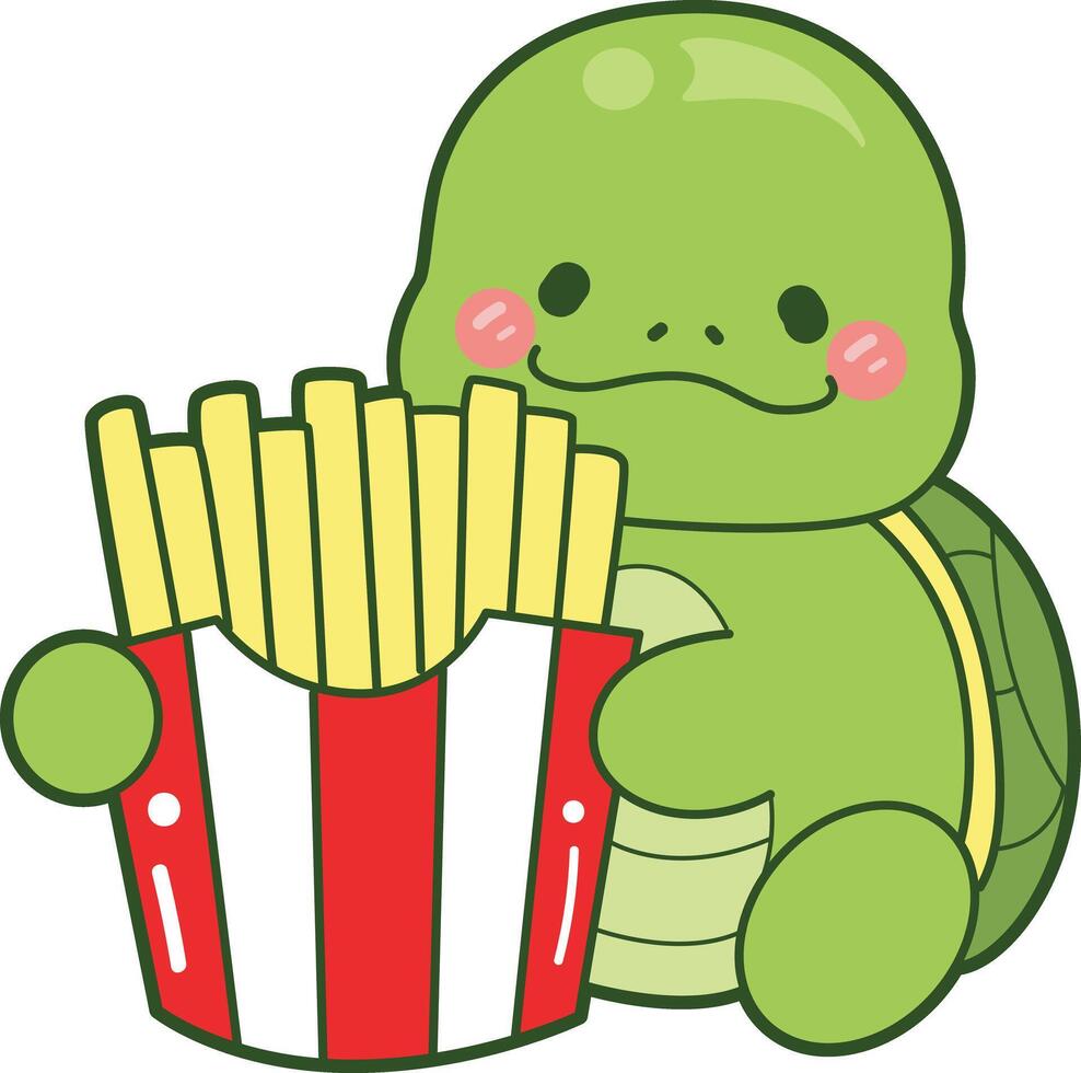Turtle bring a french fries. Kawaii turtle daily life sticker cute. Cute turtle mascot illustrations. vector