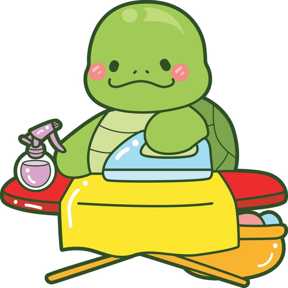 Turtle ironing the clothes. Kawaii turtle daily life sticker cute. Cute turtle mascot illustrations. vector
