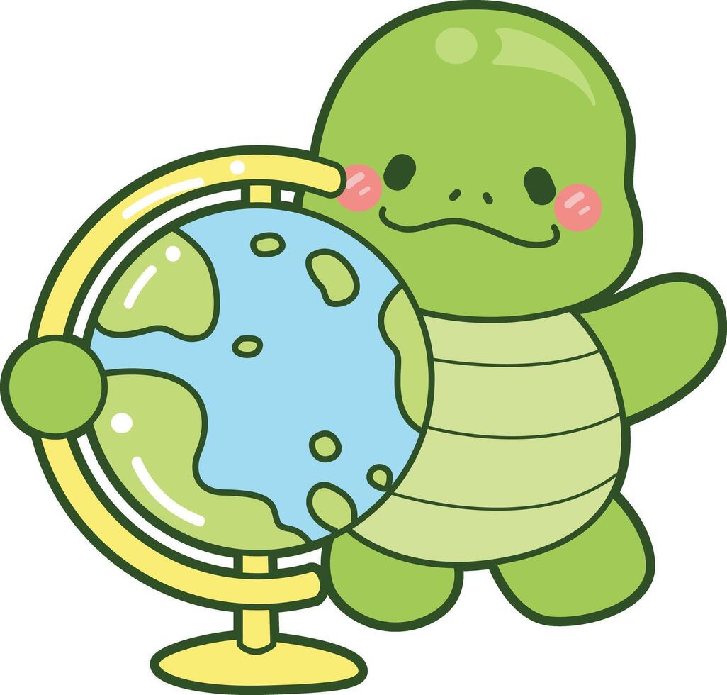 Turtle with a big globe. Kawaii turtle daily life sticker cute. Cute turtle mascot illustrations. vector