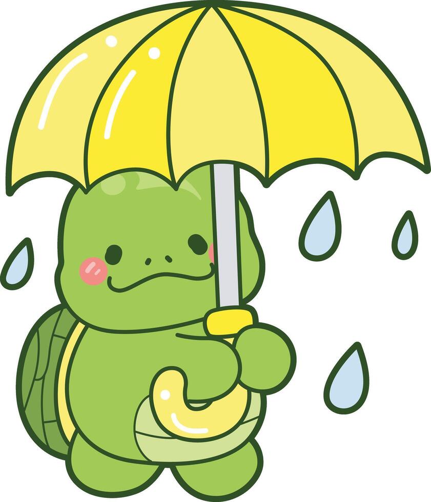 Turtle bring a yellow umbrella in the raining. Kawaii turtle daily life sticker cute. Cute turtle mascot illustrations. vector