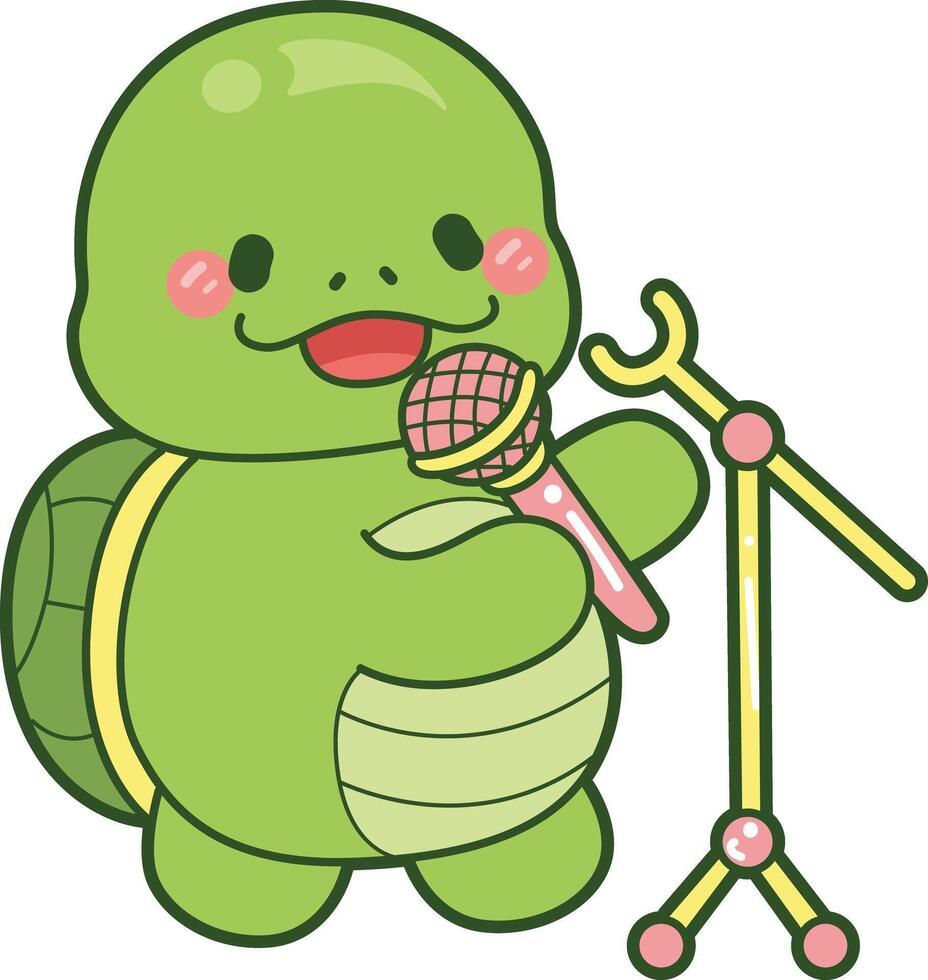 Turtle sing a song with microphone. Kawaii turtle daily life sticker cute. Cute turtle mascot illustrations. vector