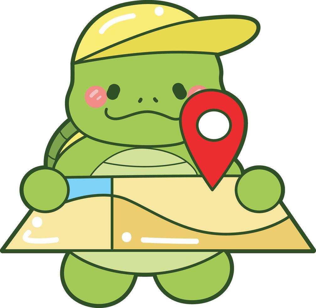 Turtle bring a map for navigation. Kawaii turtle daily life sticker cute. Cute turtle mascot illustrations. vector