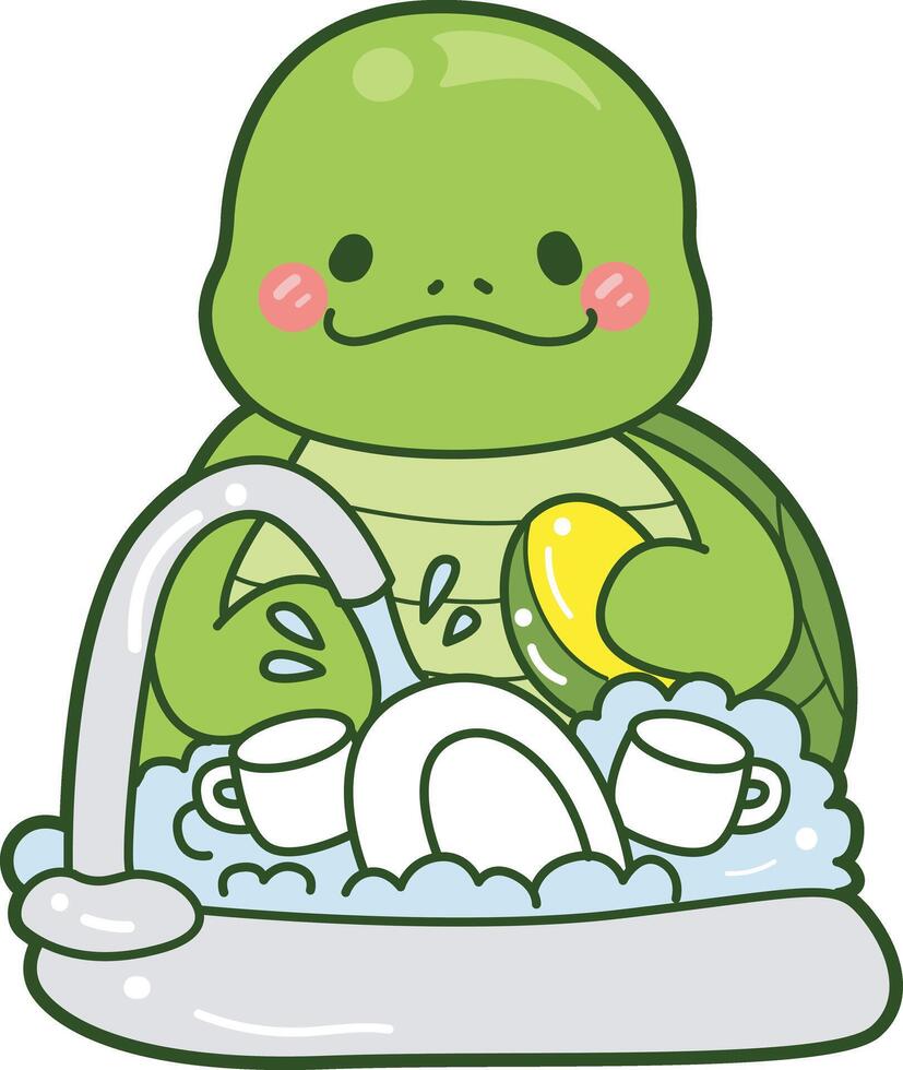 Turtle cleaning plate and cup with soap and sponge. Kawaii turtle daily life sticker cute. Cute turtle mascot illustrations. vector