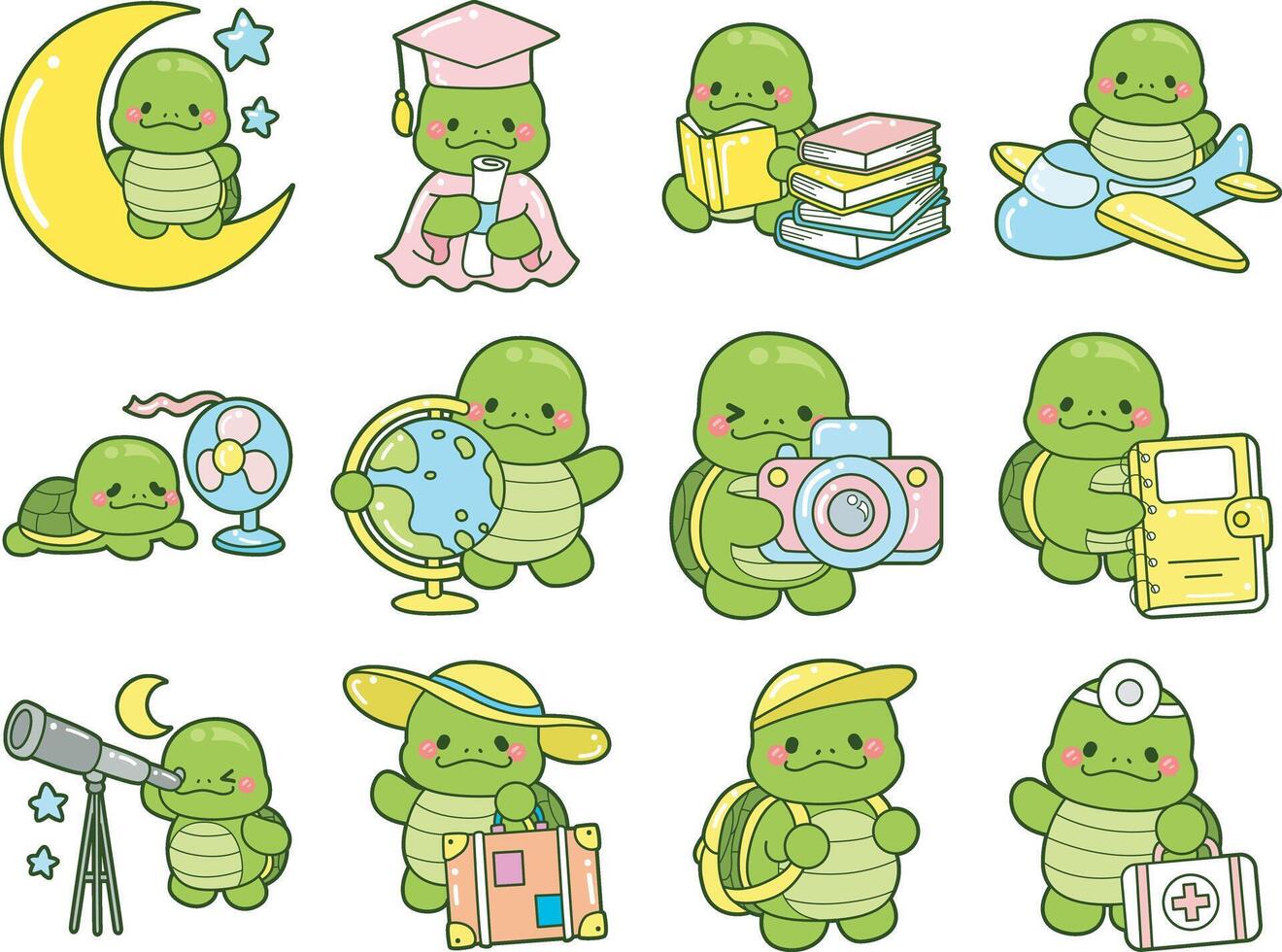 Turtle in the variation of smart turtle elements. Kawaii turtle daily life sticker cute. Cute turtle mascot illustrations. vector