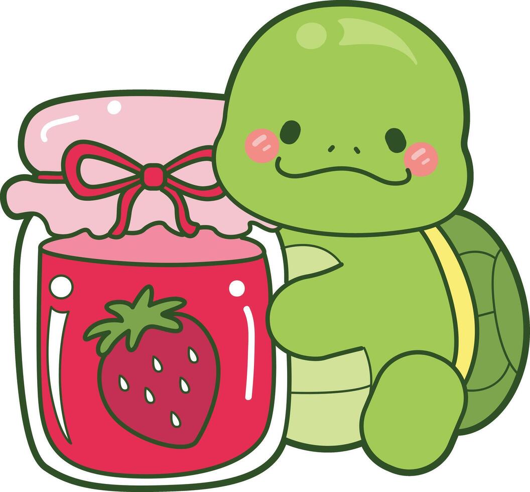 Turtle hugging a strawberry jam. Kawaii turtle daily life sticker cute. Cute turtle mascot illustrations. vector
