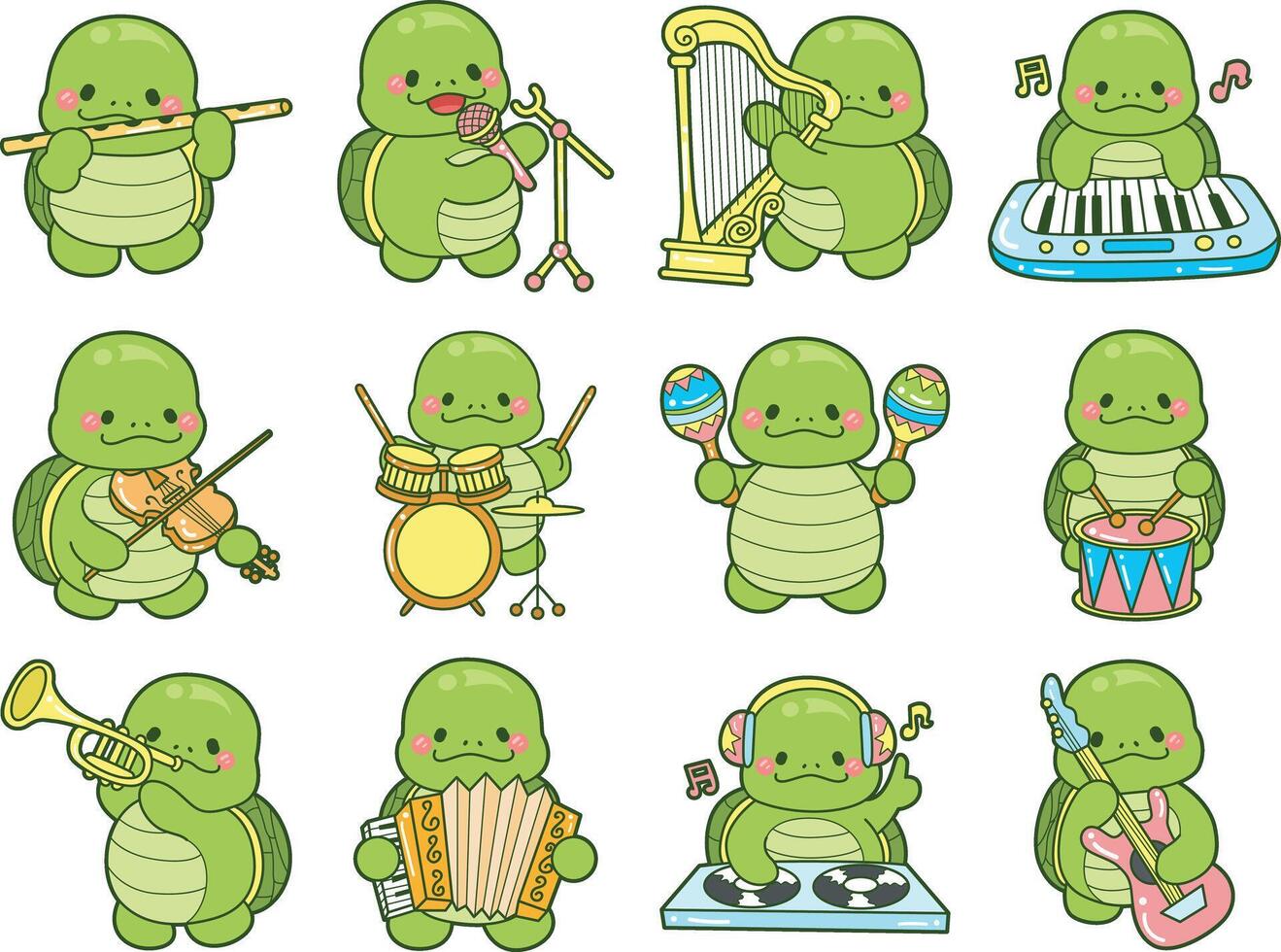 Turtle in the variation of instrument. Kawaii turtle daily life sticker cute. Cute turtle mascot illustrations. vector