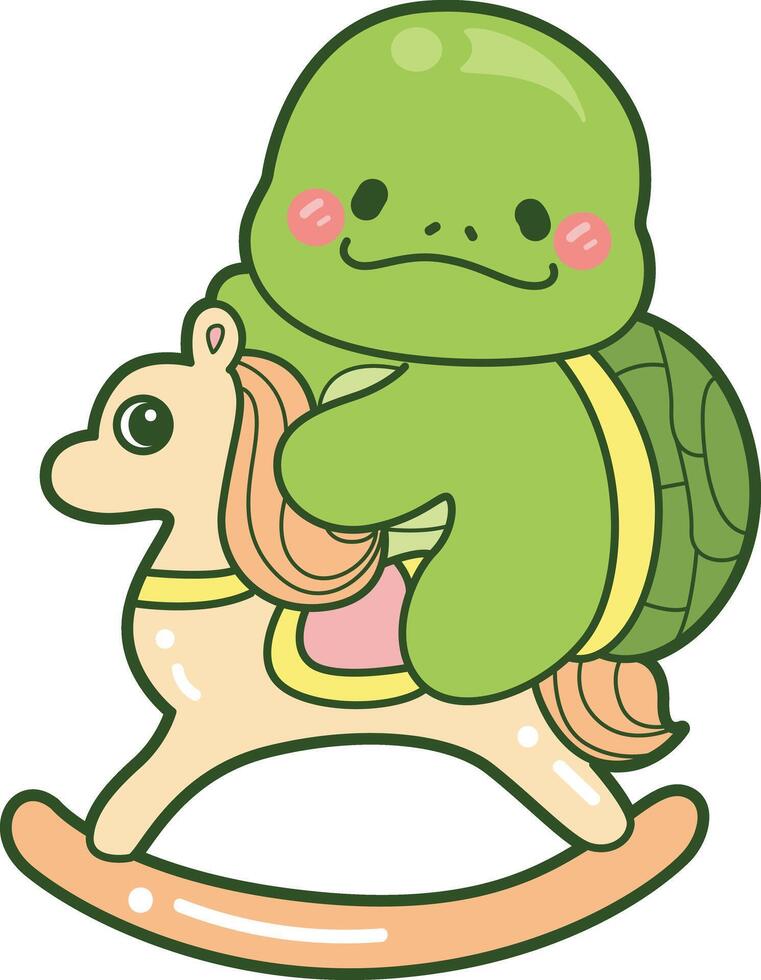Turtle riding a rocky horse. Kawaii turtle daily life sticker cute. Cute turtle mascot illustrations. vector