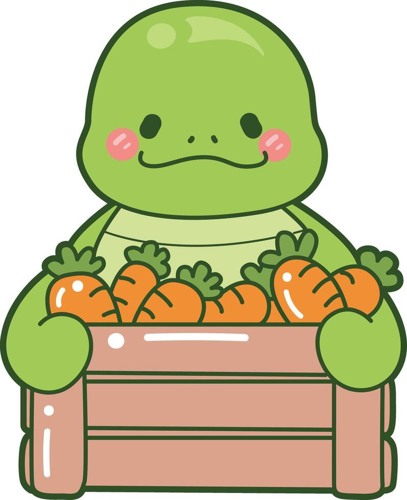 Turtle bring a buck of carrots. Kawaii turtle daily life sticker cute. Cute turtle mascot illustrations. vector