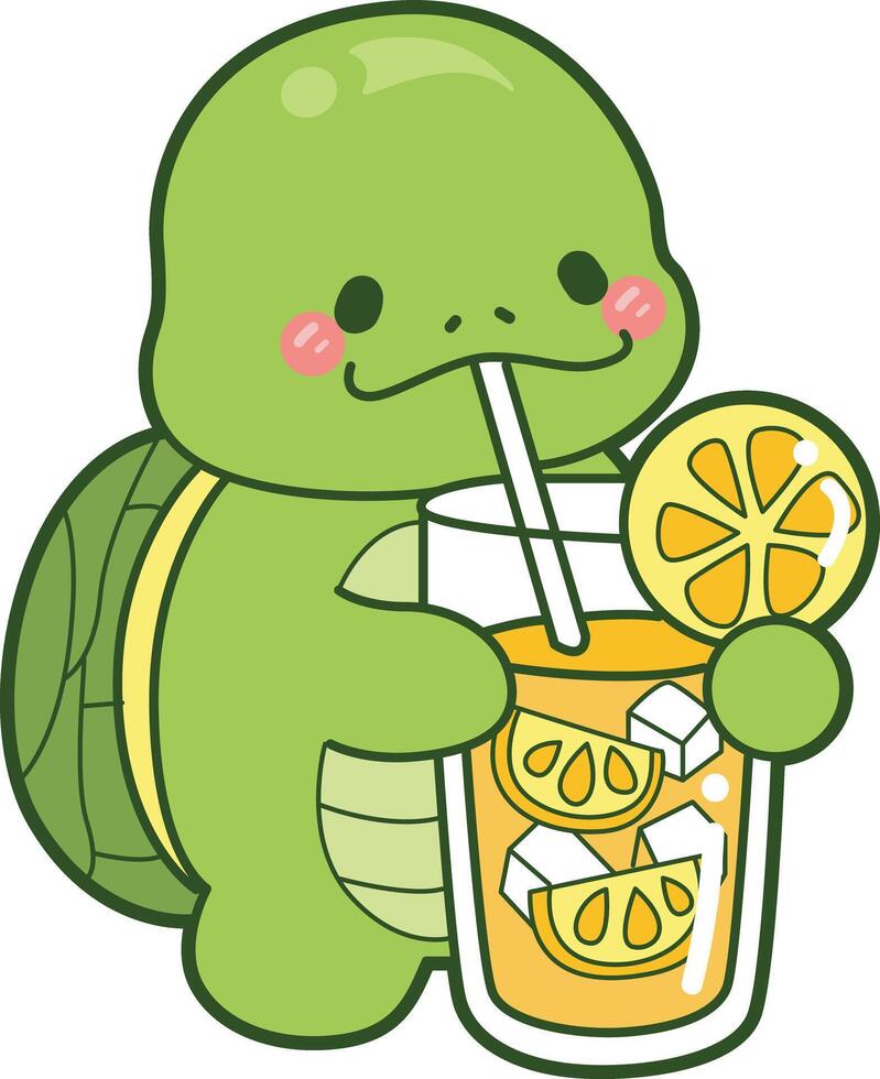 Turtle drinking an orange juice. Kawaii turtle daily life sticker cute. Cute turtle mascot illustrations. vector