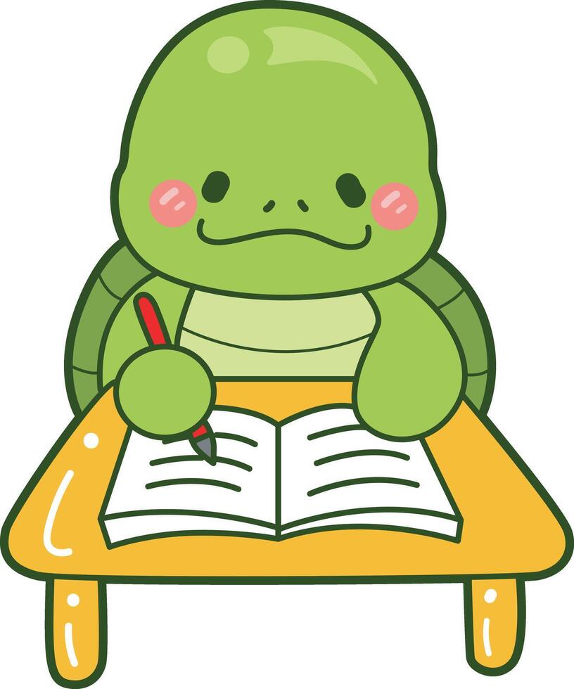 Kawaii turtle daily life sticker cute. Turtle study in the table Cute turtle mascot illustrations. vector