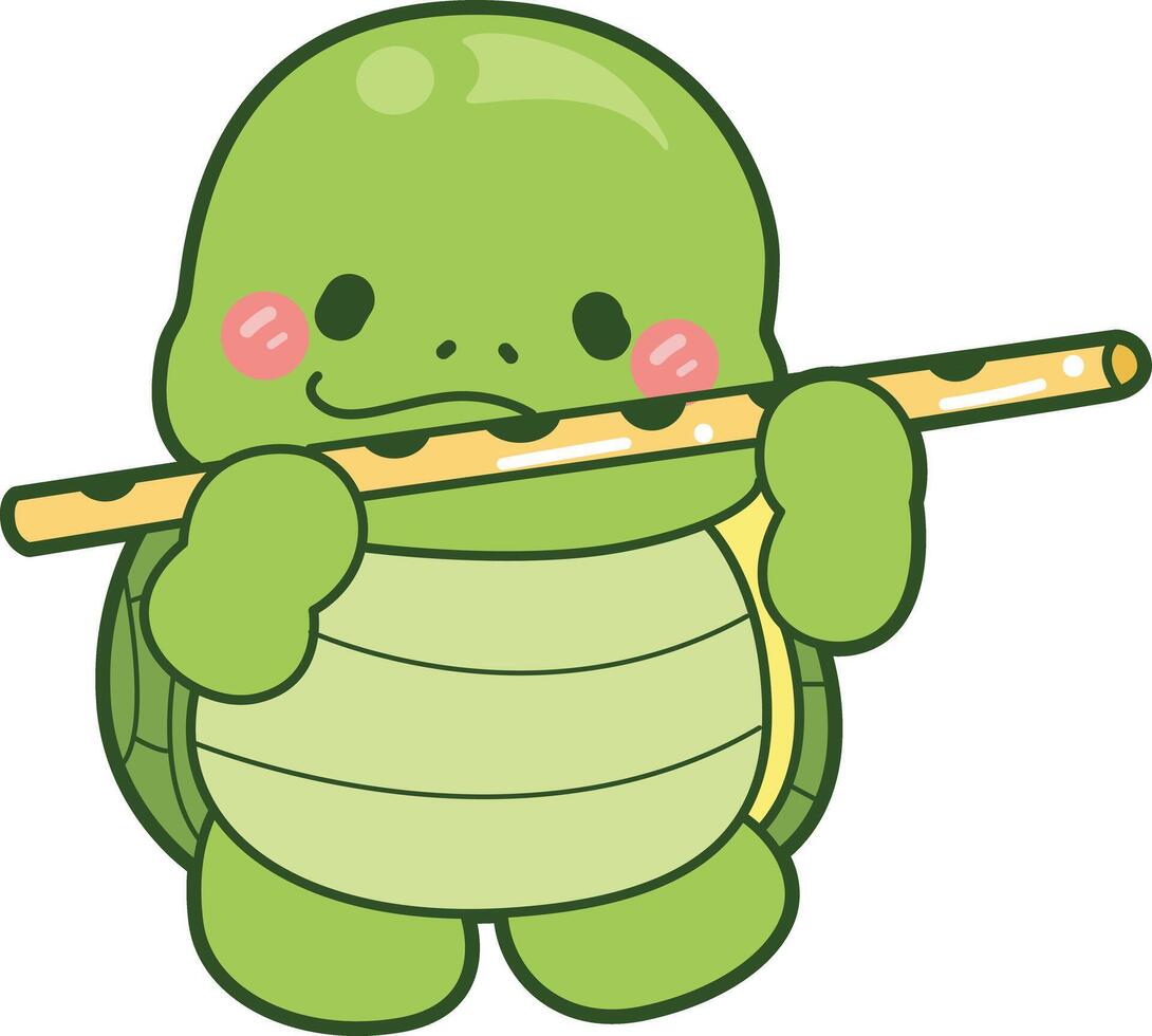 Turtle plaing a flute. Kawaii turtle daily life sticker cute. Cute turtle mascot illustrations. vector