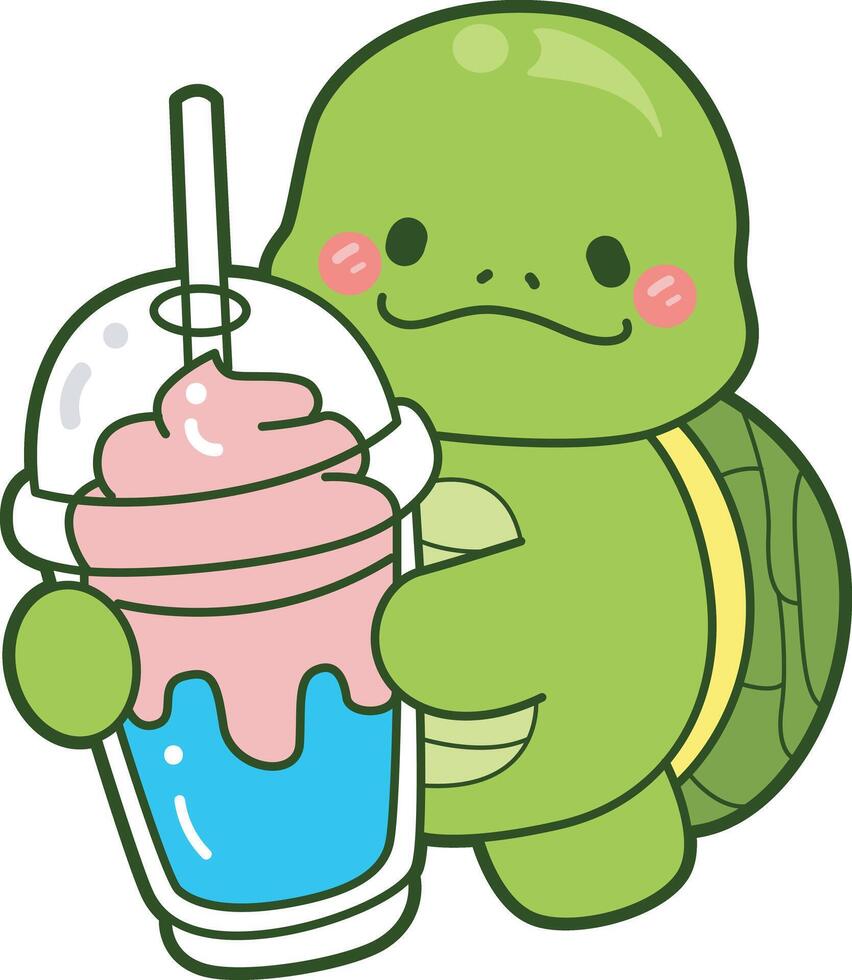 Turtle bring a big milkshake. Kawaii turtle daily life sticker cute. Cute turtle mascot illustrations. vector