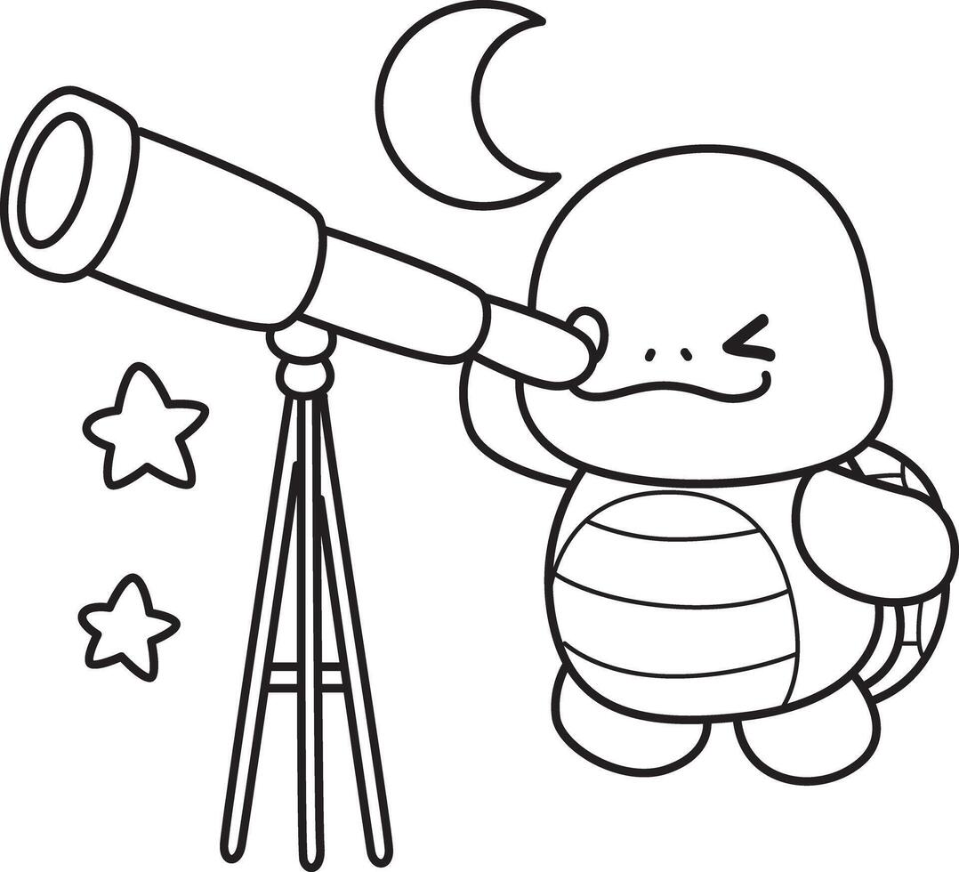 Turtle see the moon with telescope. Free printable cute turtle for kindergarten. Preschool outline printable education turtle animal. vector