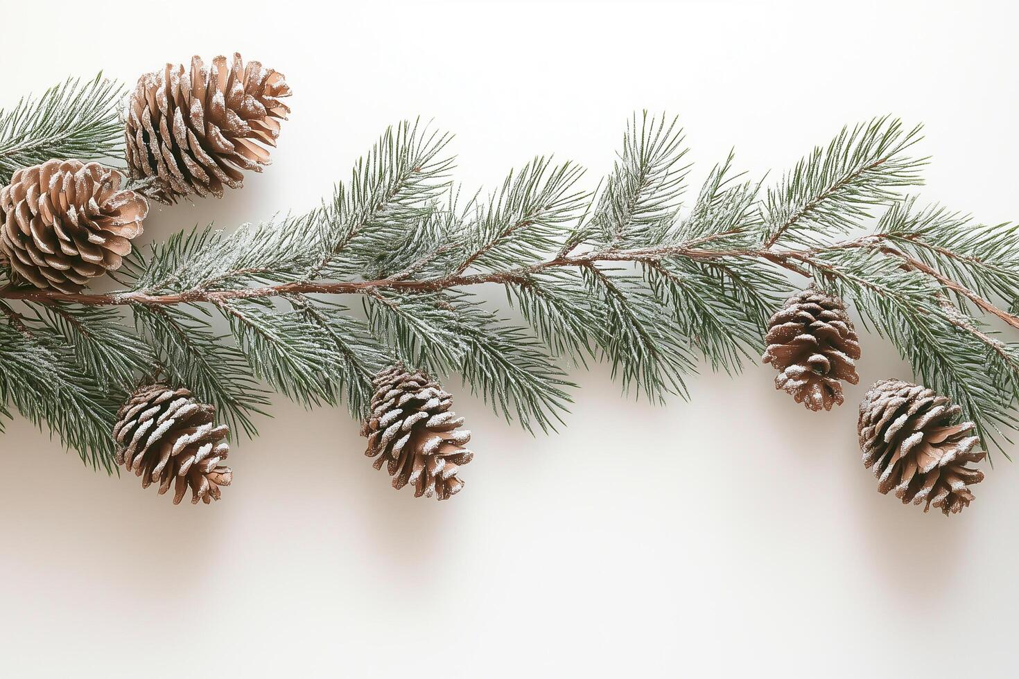 Snowy pine tree branch with pine cones lying on white background photo