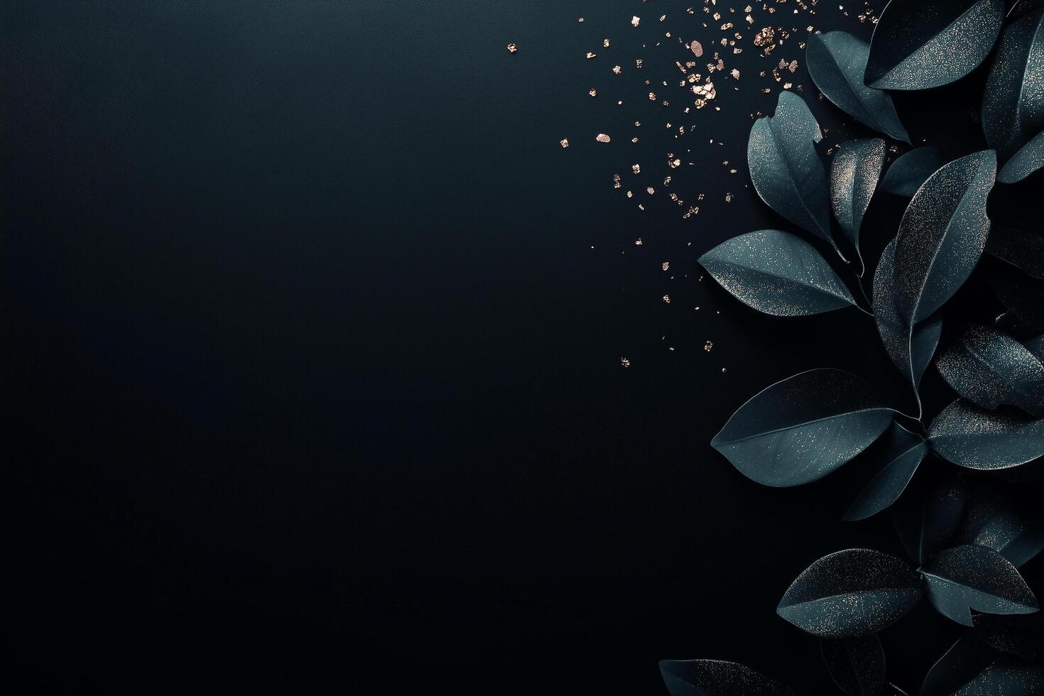 Dark green leaves and golden glitter creating copy space on left side Christmas, New Year photo