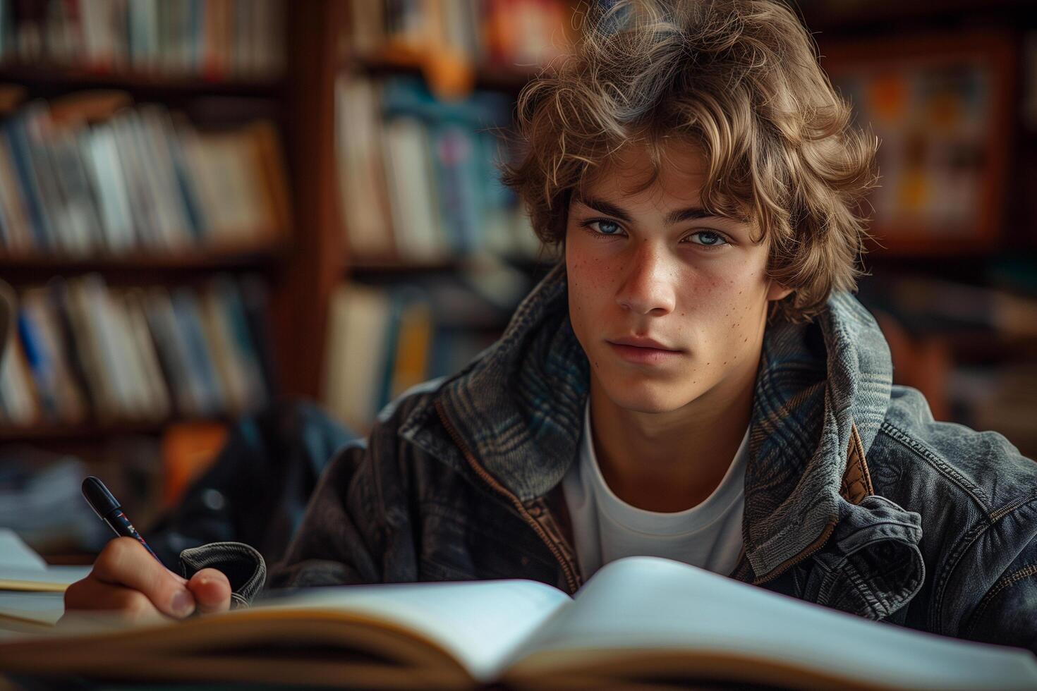 Teenager sitting at a table, studying a book at home photo
