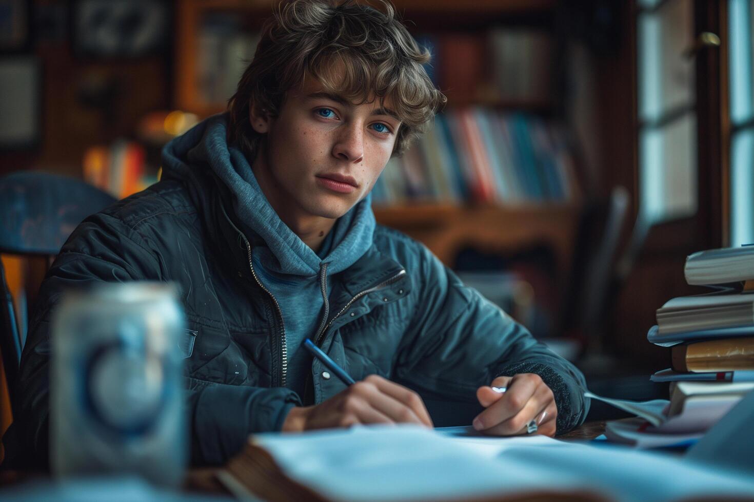 A man focused on writing with a pen on a sheet of paper while sitting at a desk photo