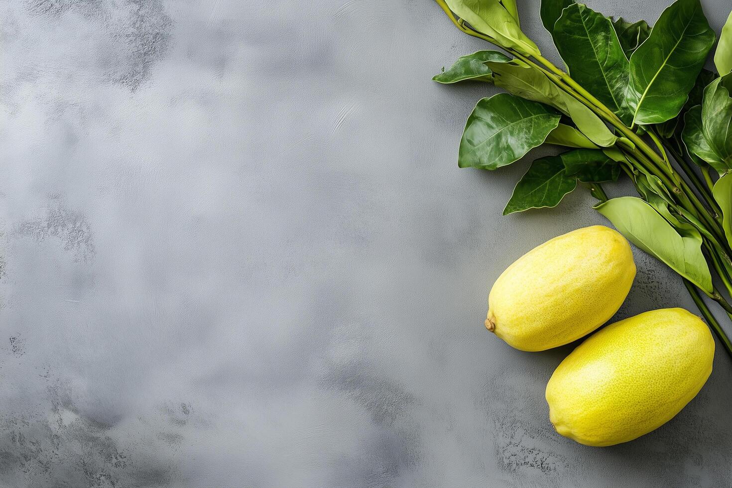 Two ripe yellow lemons with leaves lying on gray textured background etrog and lulav yom kippur photo