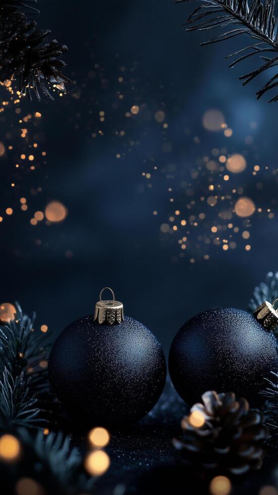 Christmas decoration with two blue ornaments sparkling lights and pine cones photo