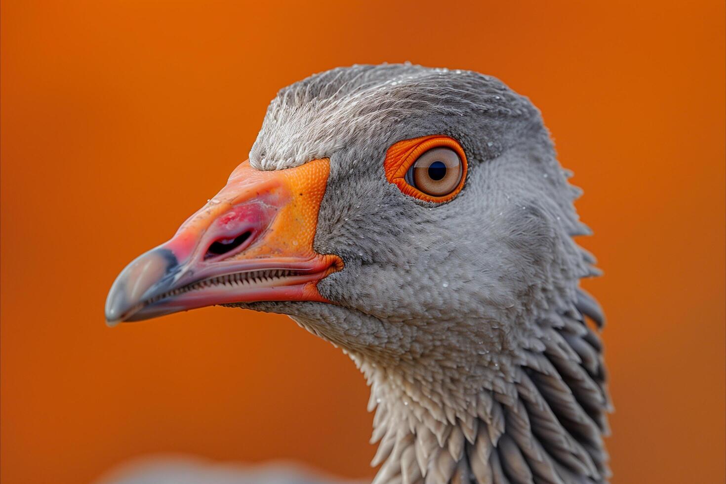 Detailed view of a bird with vibrant plumage set against a vivid orange backdrop photo