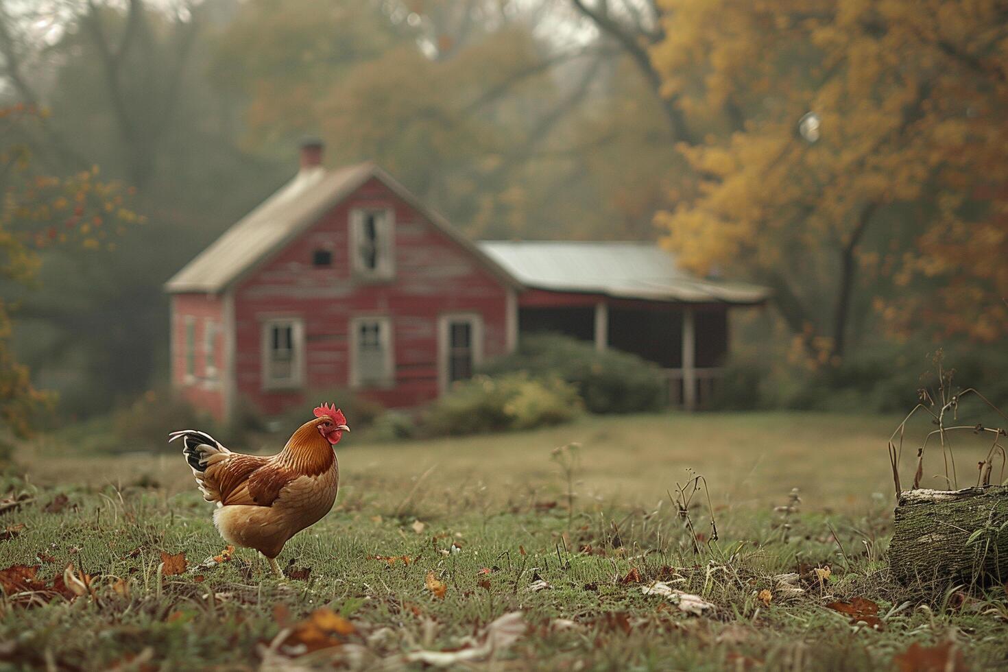 A chicken stands in a field near a red house photo