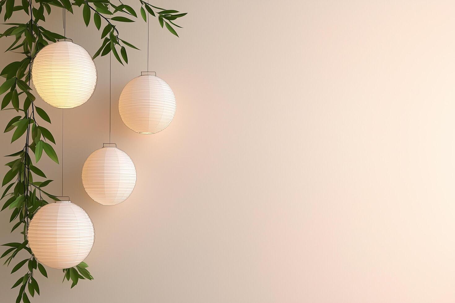 Hanging white paper lanterns with greenery creating festive holiday mood photo