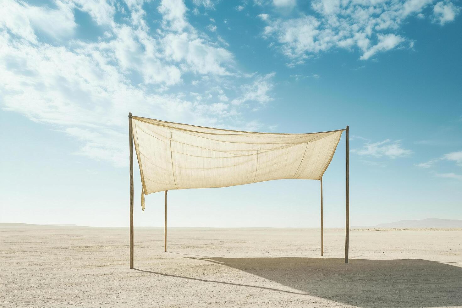 White canvas canopy casting a shadow on the desert sand sukkah photo