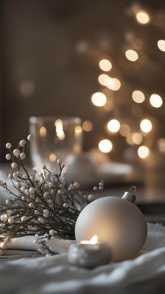 Christmas ornament with candle and white berries on tablecloth creating festive atmosphere photo