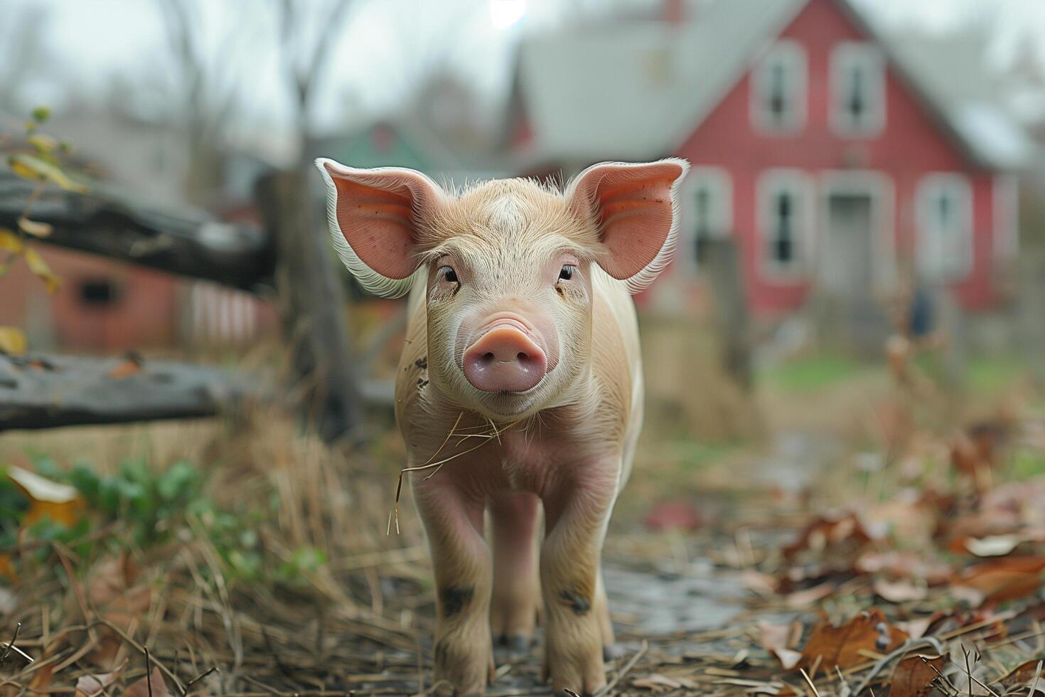A small pig is seen walking along a dirt road photo
