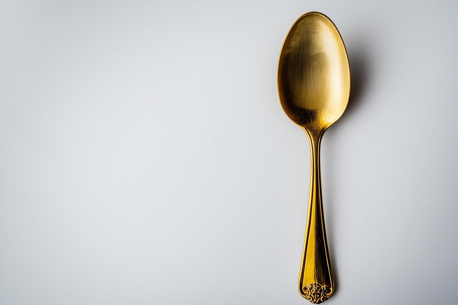 Golden spoon resting on a minimalist white background photo