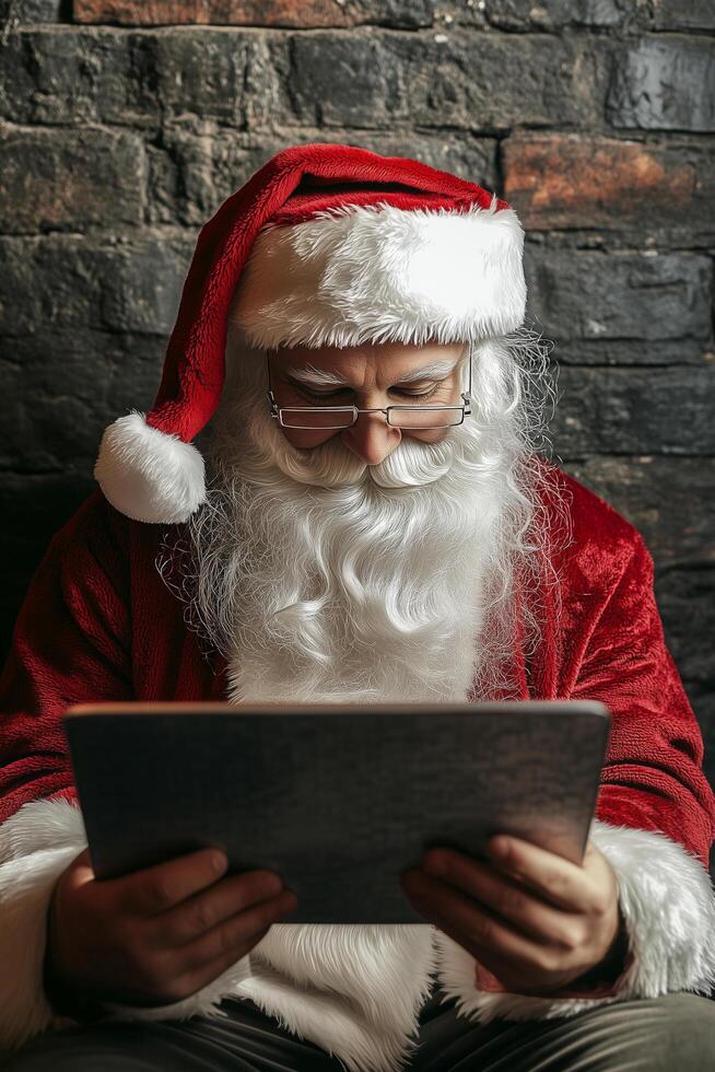 Santa claus wearing glasses reading wish list on tablet pc near brick wall photo
