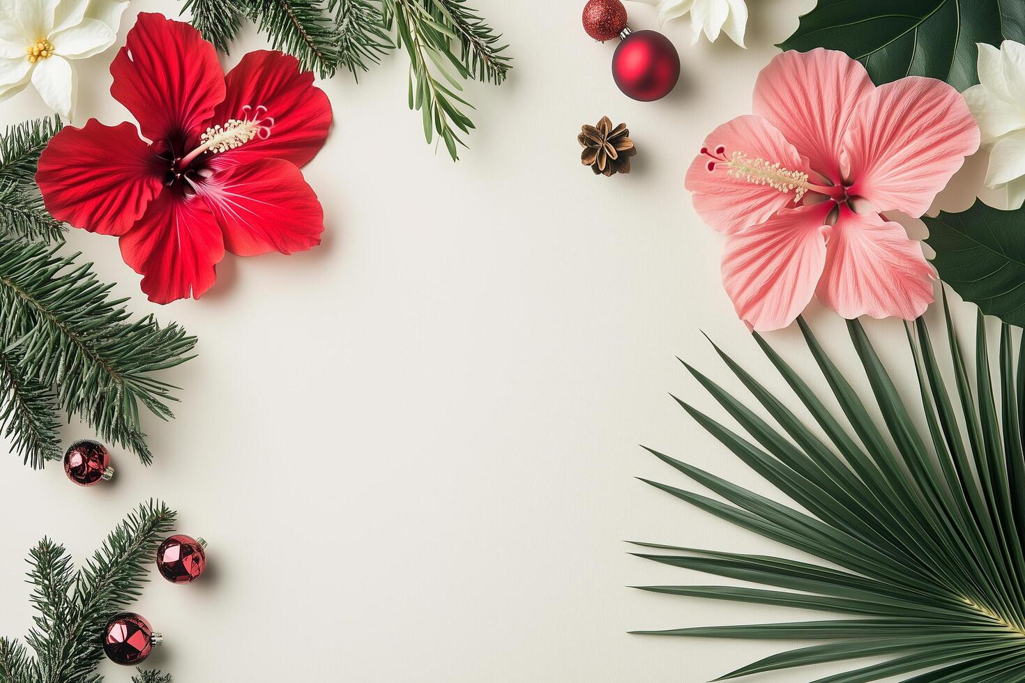 Christmas background featuring tropical hibiscus flowers and fir branches creating copy space photo