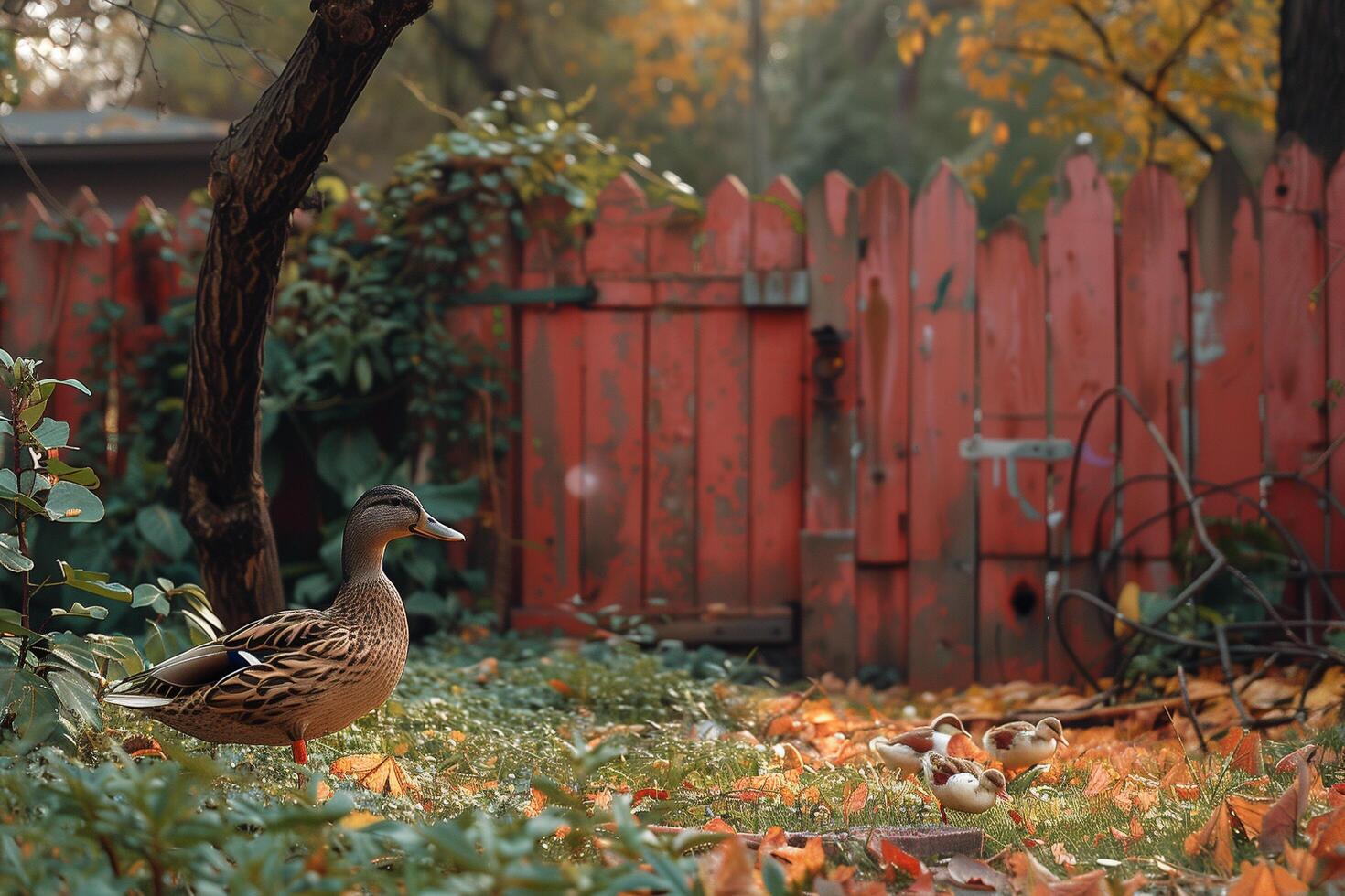 A duck standing in the grass next to a fence photo