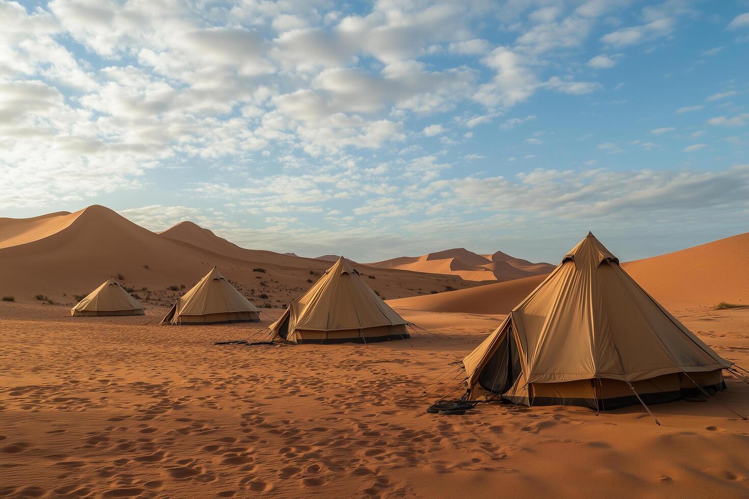 Group of tents camping under cloudy sky in the desert during sunrise photo