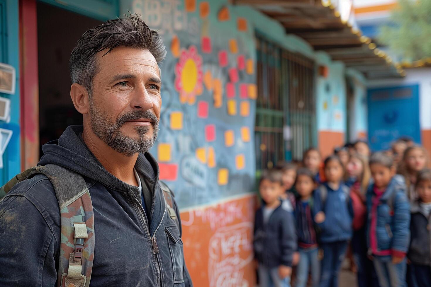A man stands in front of a group of children, welcoming them as new students photo