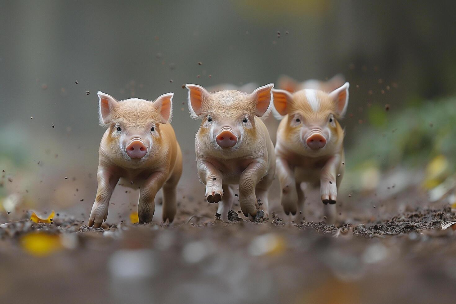Group of three piglets running through a field photo