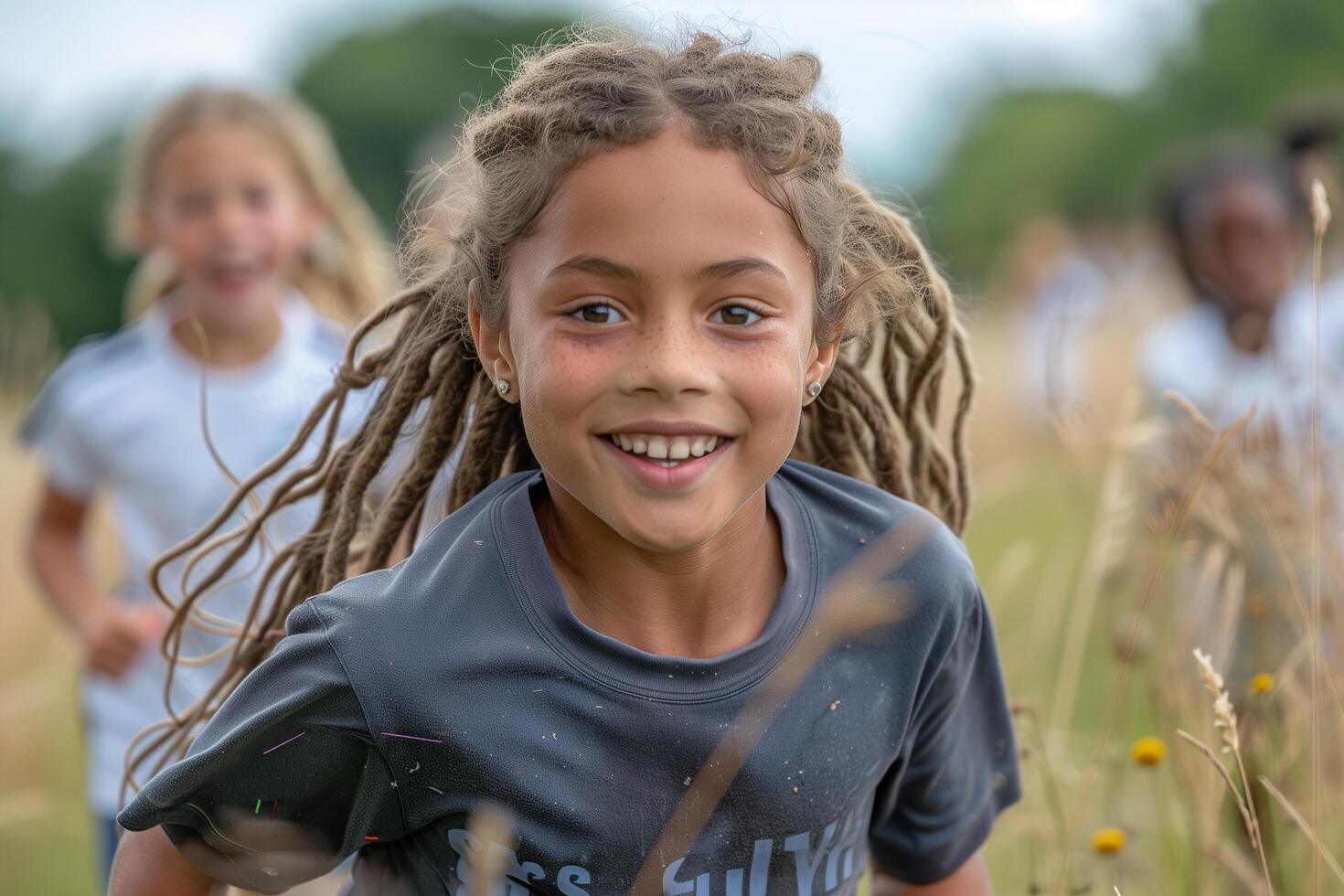A young girl with dreadlocks running energetically through a field photo