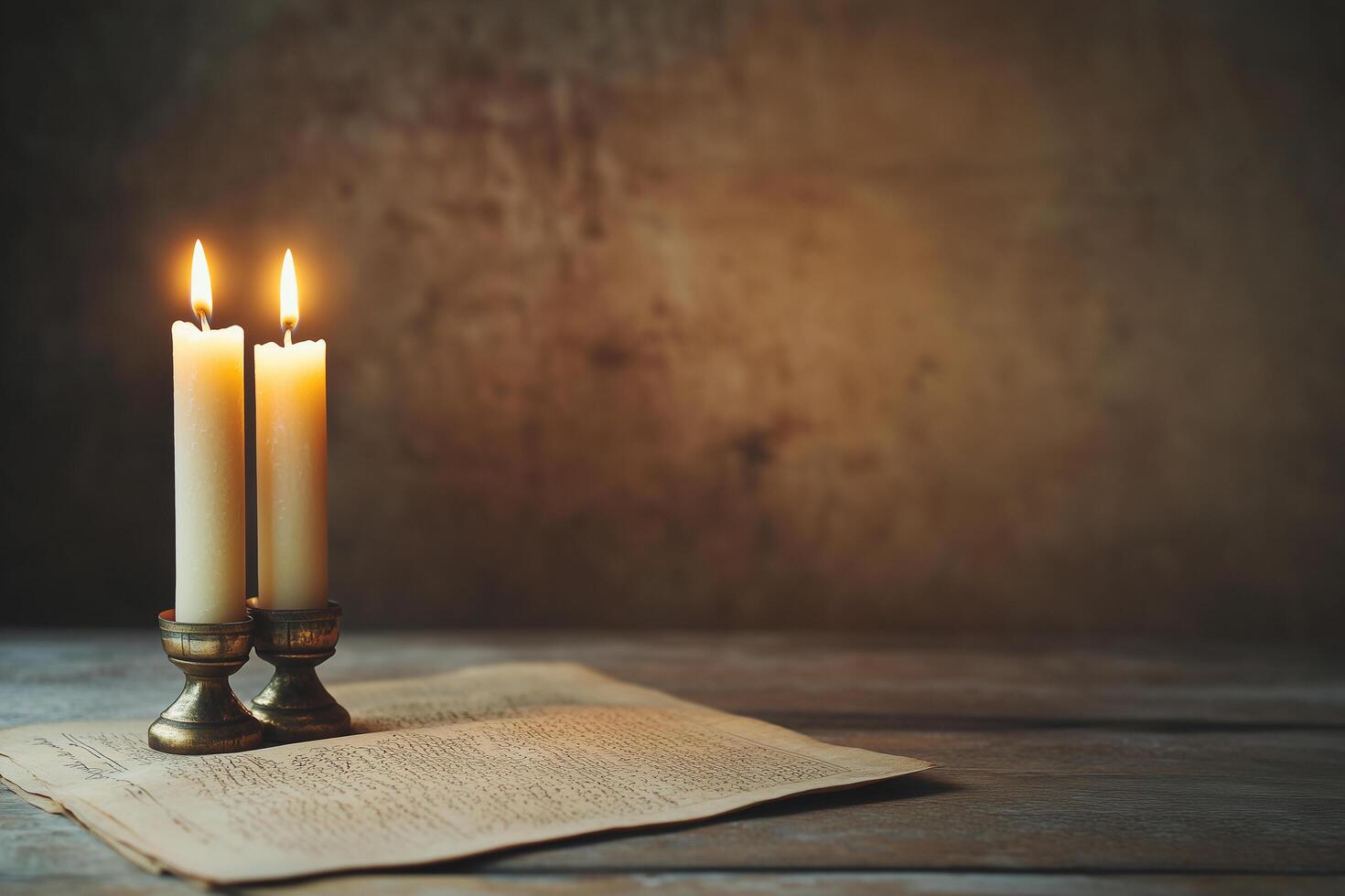 Two lit candles illuminating old paper manuscript on wooden table Yom Kippur photo
